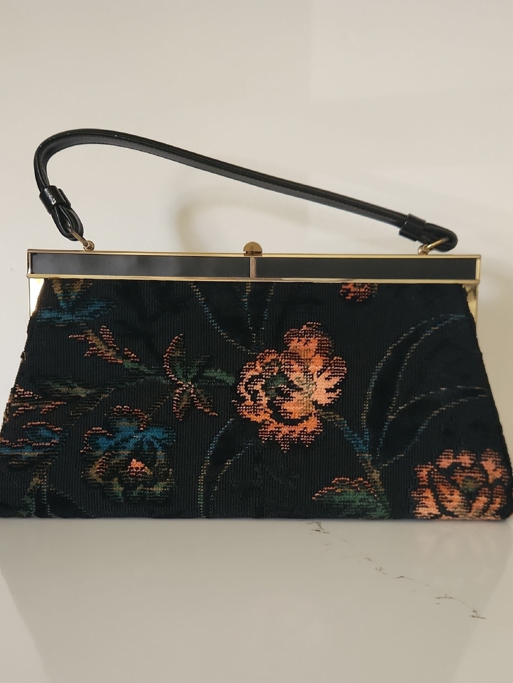 Vintage Verdi Black Floral Tapestry Bag